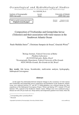 Oceanological and Hydrobiological Studies Composition of Trichiuridae