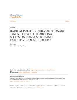 THE SOUTH CAROLINA SECESSION CONVENTION and EXECUTIVE COUNCIL of 1862 Eric Lager Clemson University, Ealager@Aol.Com