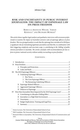 Risk and Uncertainty in Public Interest Journalism: the Impact of Espionage Law on Press Freedom