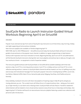 Soulcycle Radio to Launch Instructor-Guided Virtual Workouts Beginning April 6 on Siriusxm