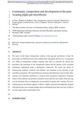 Community Composition and Development of the Post- 2 Weaning Piglet Gut Microbiome 3 4 D