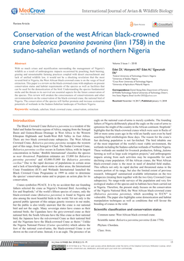 Conservation of the West African Black-Crowned Crane Balearica Pavonina Pavonina (Linn 1758) in the Sudano-Sahelian Wetlands of Northern Nigeria