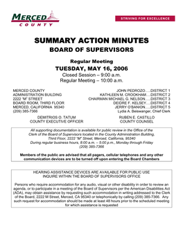 Summary Action Minutes Board of Supervisors