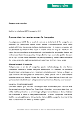 Presseinformation Sponsoraftale Har Været En Succes for Hansgrohe