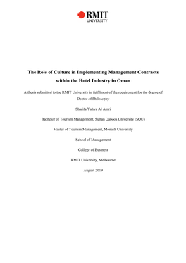 The Role of Culture in Implementing Management Contracts Within the Hotel Industry in Oman