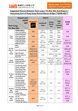 Suggested Choices Between Yuen Long / Tin Shui Wai and Airport / Hong Kong Port of Hong Kong‐Zhuhai‐Macao Bridge (“HZMB HKP”)