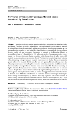 Correlates of Vulnerability Among Arthropod Species Threatened by Invasive Ants