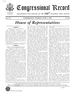 Congressional Record United States Th of America PROCEEDINGS and DEBATES of the 108 CONGRESS, FIRST SESSION