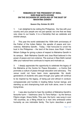 REMARKS by the PRESIDENT of INDIA, SHRI RAM NATH KOVIND on the OCCASION of UNVEILING of the BUST of MAHATMA GANDHI 1. I Am De