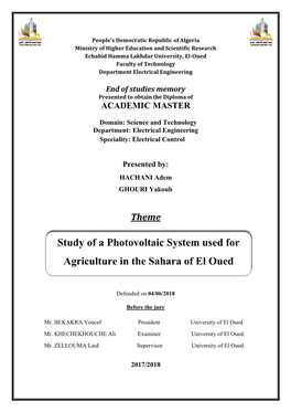 Study of a Photovoltaic System Used for Agriculture in the Sahara of El