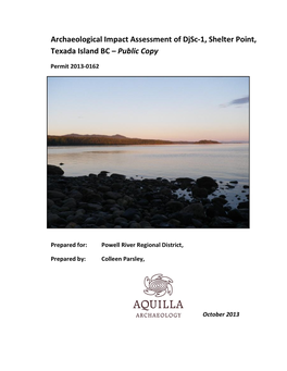Archaeological Impact Assessment of Djsc-1, Shelter Point, Texada Island BC – Public Copy
