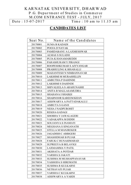 Karnatak University, Dharwad Candidates List