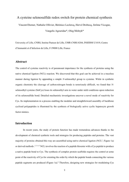 A Cysteine Selenosulfide Redox Switch for Protein Chemical Synthesis