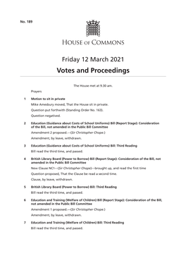 Votes and Proceedings for 12 Mar 2021