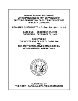 Annual Report Regarding Long Range Needs for Expansion of Electric Generation Facilities for Service in North Carolina Required