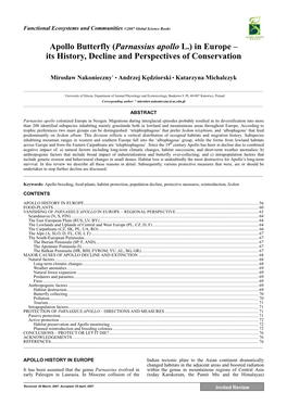 Apollo Butterfly (Parnassius Apollo L.) in Europe – Its History, Decline and Perspectives of Conservation