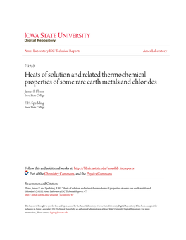 Heats of Solution and Related Thermochemical Properties of Some Rare Earth Metals and Chlorides James P