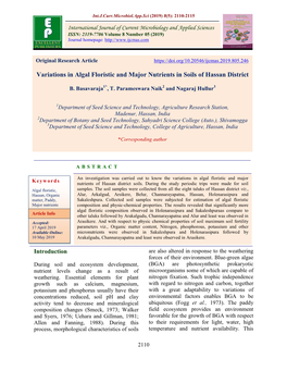 Variations in Algal Floristic and Major Nutrients in Soils of Hassan District