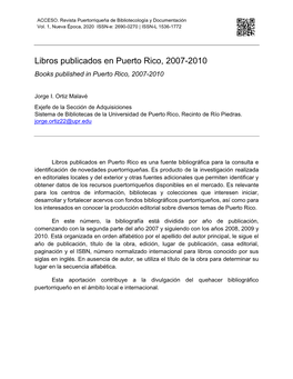 Libros Publicados En Puerto Rico, 2007-2010 Books Published in Puerto Rico, 2007-2010