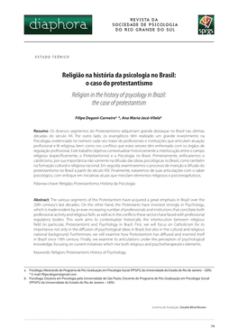 Religião Na História Da Psicologia No Brasil: O Caso Do Protestantismo Religion in the History of Psycology in Brazil: the Case of Protestantism