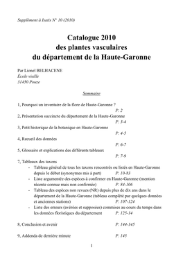 Catalogue 2010 Des Plantes Vasculaires Du Département De La Haute-Garonne