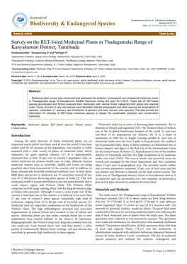 Survey on the RET-Listed Medicinal Plants in Thadagamalai Range Of