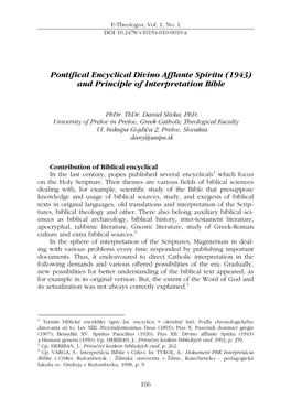 Pontifical Encyclical Divino Afflante Spiritu (1943) and Principle of Interpretation Bible