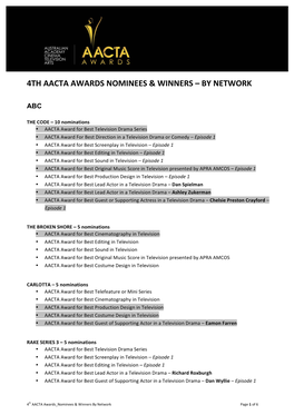 4Th Aacta Awards Nominees & Winners – by Network