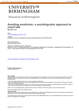 Avoiding Emotivism: a Sociolinguistic Approach to Moral Talk Bennett, Joe