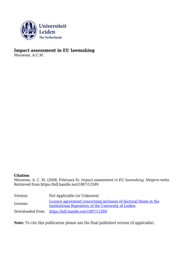 Impact Assessment in EU Lawmaking Meuwese, A.C.M