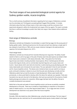 The Host Ranges of Two Potential Biological Control Agents for Sydney Golden Wattle, Acacia Longifolia