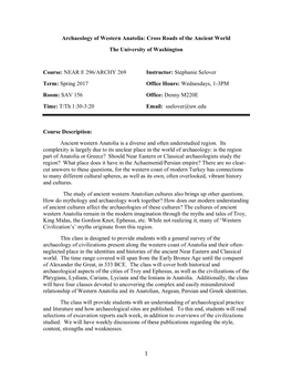 Archaeology of Western Anatolia: Cross Roads of the Ancient World the University of Washington