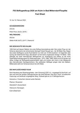 FIS Skiflugweltcup 2020 Am Kulm in Bad Mitterndorf/Tauplitz Fact Sheet