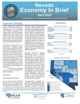 Nevada Economy in Brief April 2020 a Monthly Review of Workforce and Economic Information