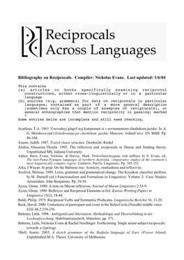 Bibliography on Reciprocals. Compiler: Nicholas Evans