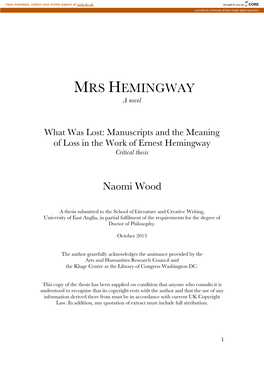 MRS HEMINGWAY a Novel