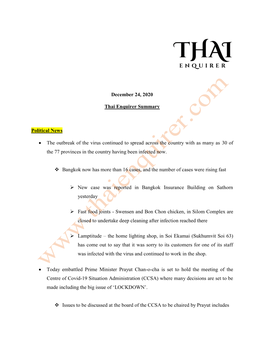 December 24, 2020 Thai Enquirer Summary Political News • the Outbreak of the Virus Continued to Spread Across the Country With