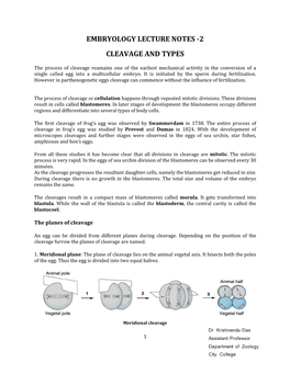 Embryology Lecture Notes -2 Cleavage and Types