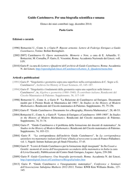 Guido Castelnuovo. Per Una Biografia Scientifica E Umana