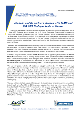 Michelin and Its Partners Pleased with ELMS and FIA WEC Prologue Tests at Monza