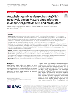 Anopheles Gambiae Densovirus (Agdnv) Negatively Afects Mayaro Virus Infection in Anopheles Gambiae Cells and Mosquitoes Nadya Urakova1, Marco Brustolin1, Renuka E