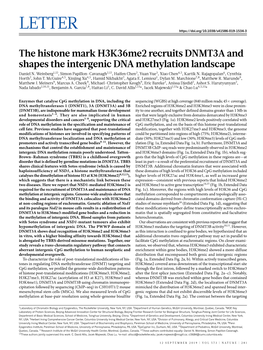 The Histone Mark H3k36me2 Recruits DNMT3A and Shapes the Intergenic DNA Methylation Landscape Daniel N