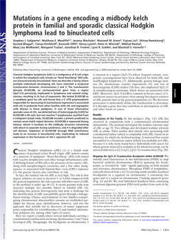 Mutations in a Gene Encoding a Midbody Kelch Protein in Familial and Sporadic Classical Hodgkin Lymphoma Lead to Binucleated Cells