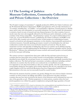 1.3 the Looting of Judaica: Museum Collections, Community Collections and Private Collections – an Overview