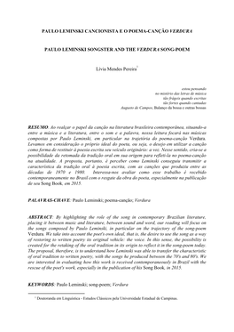 PAULO LEMINSKI CANCIONISTA E O POEMA-CANÇÃO ​VERDURA PAULO LEMINSKI SONGSTER and THE​ VERDURA ​SONG-POEM Lívia Mendes P