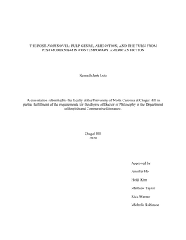 The Post-Noir Novel: Pulp Genre, Alienation, and the Turn from Postmodernism in Contemporary American Fiction