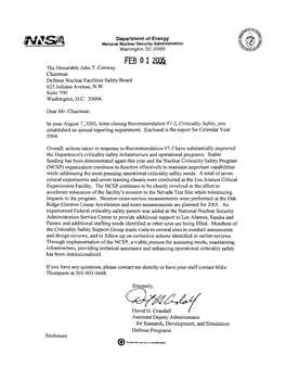 February 1, 2005, Department Letter Forwarding Report on Criticality