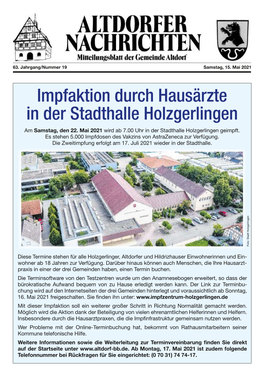 Impfaktion Durch Hausärzte in Der Stadthalle Holzgerlingen Am Samstag, Den 22