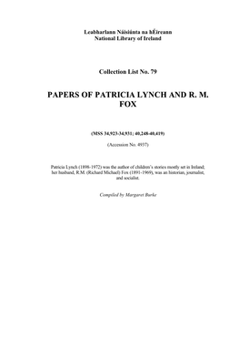 Papers of Patricia Lynch and R. M. Fox
