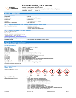 Boron Trichloride, 1M in Toluene Safety Data Sheet M005401ST According to Federal Register / Vol